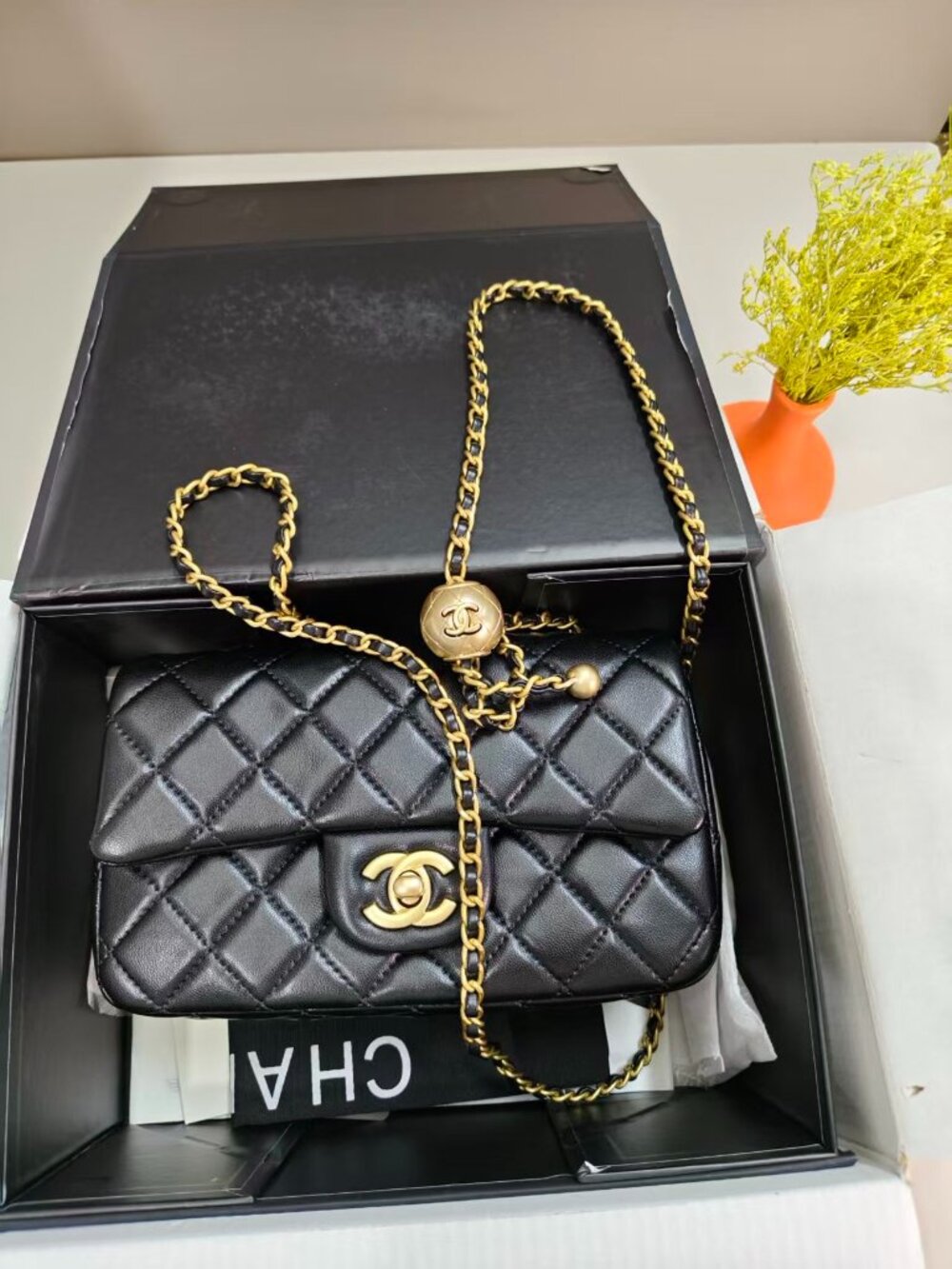 Chanel classic mini black lambskin gold pearl ball chain bag brand new full box